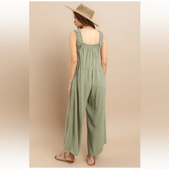 18 Solid Ruffle Strap Wide Leg Jumpsuit - Picture 8 of 9